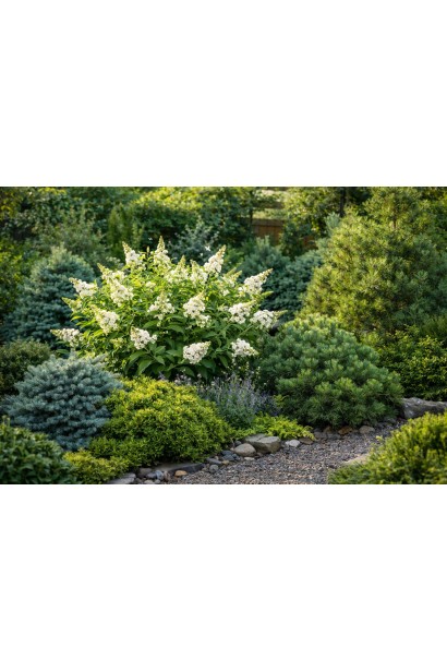 Buddleja davidii BC Little White в композиції з хвойними